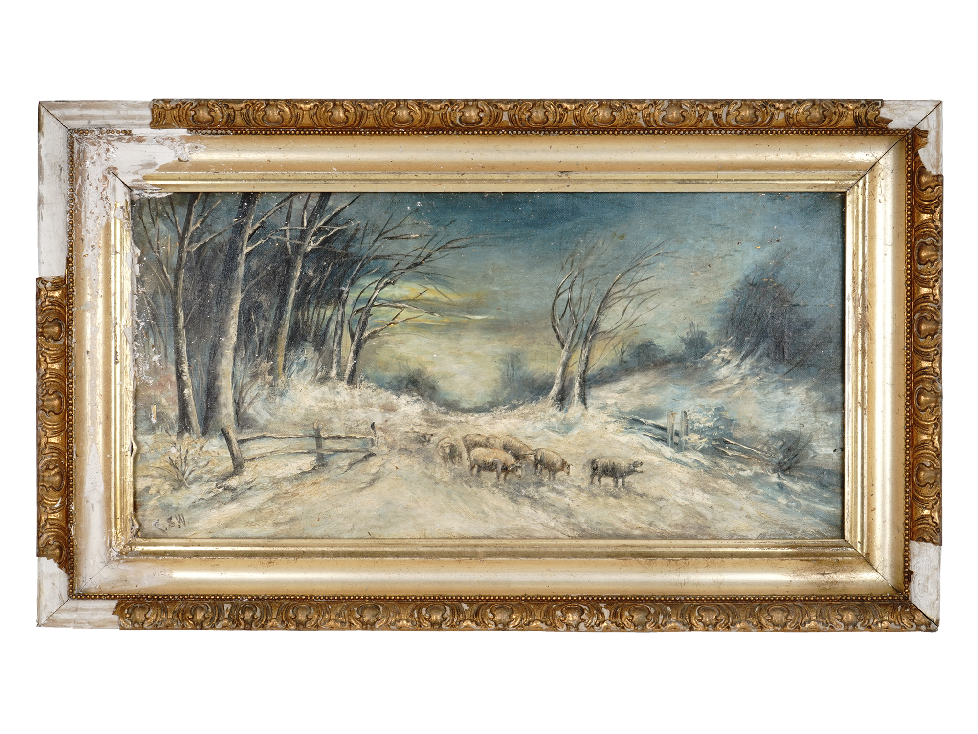 AMERICAN WINTER LANDSCAPE SHEEP PAINTING SIGNED PIC-0